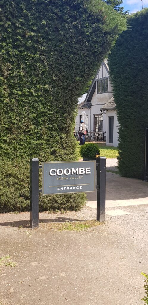 Entrance to Coombe Winery with a sign, featured in private winery tours Yarra Valley.